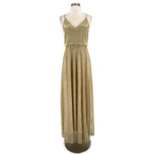 Lulus Friend of the Glam Maxi Dress Gold Blouson Top V Neck Size Medium